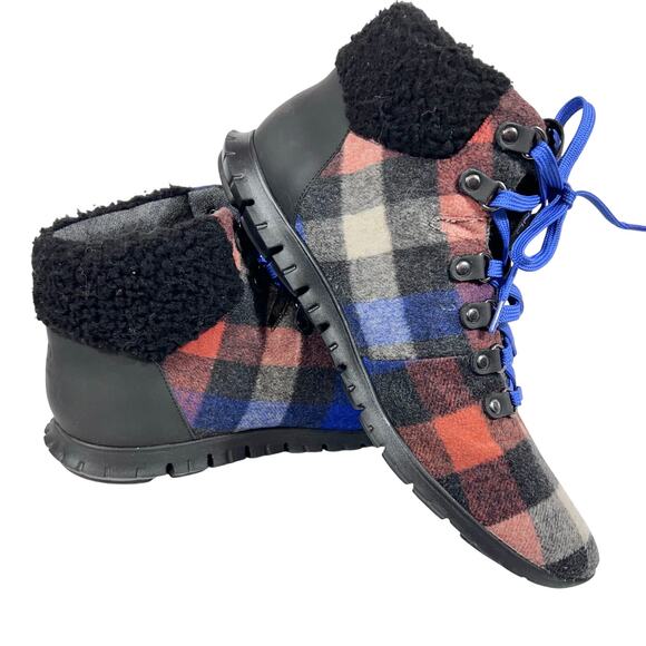 Cole Haan Zero Grand Insulated Wool Booties Women 10.5B Plaid Black Red Blue - Picture 2 of 11